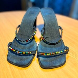 Jean Material Sandals with Multi-colored Beads